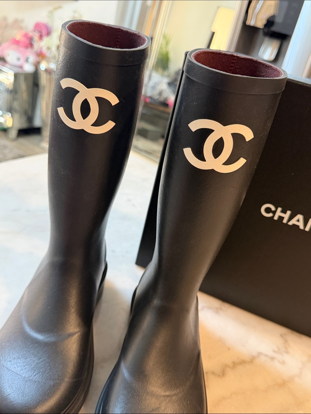 CHANEL Black Rain Boots with White CC Logo - Picture 6 of 8